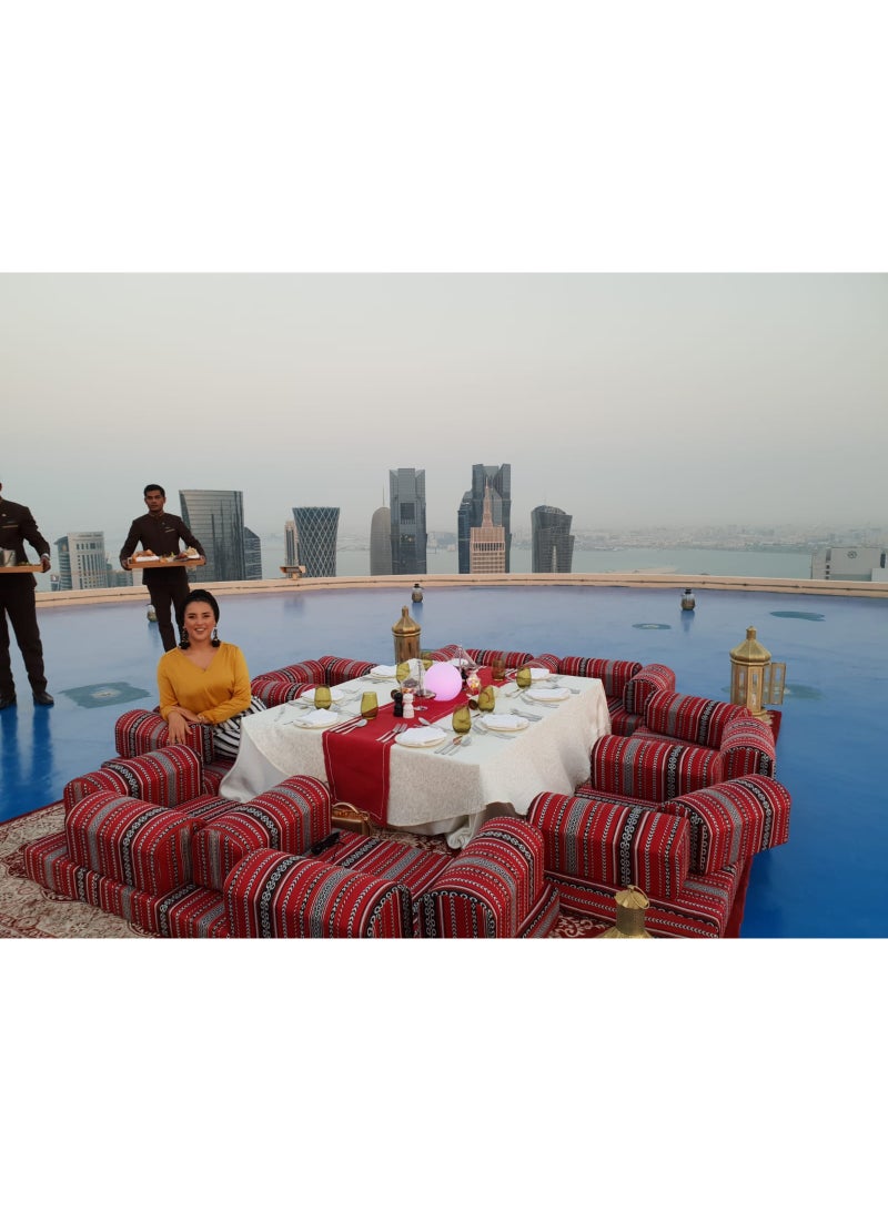 Xboat Traditional Arabic Majlis Floor Seating Set Elegant Arabic Majlis floor seating set featuring comfortable red patterned cushions arranged around a central . Ideal for dining, gatherings, Ramadan, and cultural events. Suitable for indoor and outdoor use including homes, rooftops, and event setups. Perfect for creating a warm and traditional hospitality experience. - Image 1